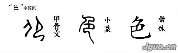 甲骨文的"色"字.左边是一把刀,右边是一个跪坐在地的人.